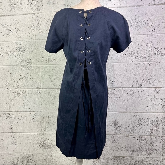 Theory Navy Blue Lace Back Raglan Shift Dress Linen Blend Size 6 Knee Length - Picture 3 of 9